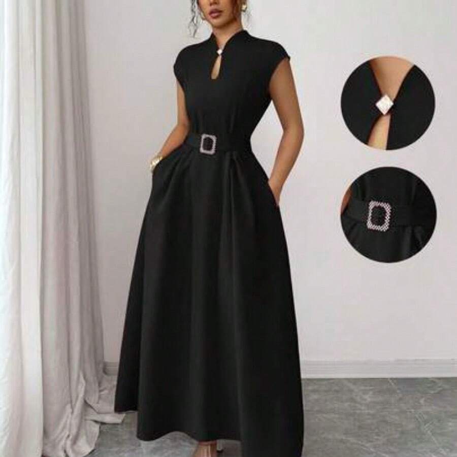 Elenzya Women's Elegant Casual Midi Dress With Romantic French Sicily Inspired Design, Suitable For Commute, Vacation, Afternoon Tea, Valentine's Day Party, Featuring Sweetheart Neck, Waist Tie Belt, Flared Hem, And Pockets, Spring/Summer - Negro - Ver 1