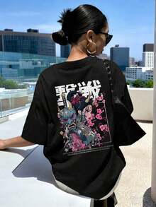 Women's Vintage Japanese "Oni Girl" Style T-Shirt, Standard Size With Sakura Print, Comfortable Short Sleeve T-Shirt, Unique Round Neck, Anime Inspired Urban Style Summer Casual Clothing, Black. - 黑色 - 查看 2