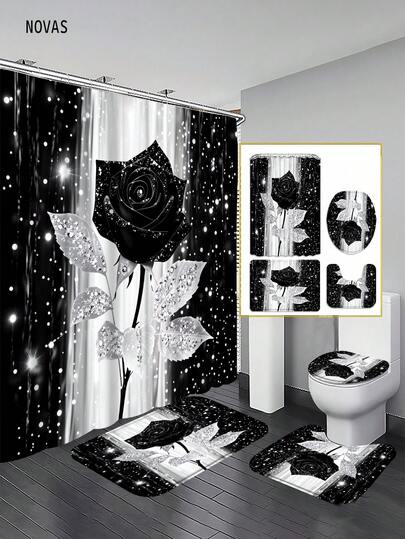 1/3/4pcs Black Rose Shower Curtain Set, Sparkling Rhinestone Rose & Star Print Waterproof Bathroom Accessories Shower Curtain With 12 Hooks, Non-Slip Bathroom Mat, Toilet Lid Cover And U-Shaped Mat, Home Bedroom Bathroom Decor, Dark Elegant Aesthetics