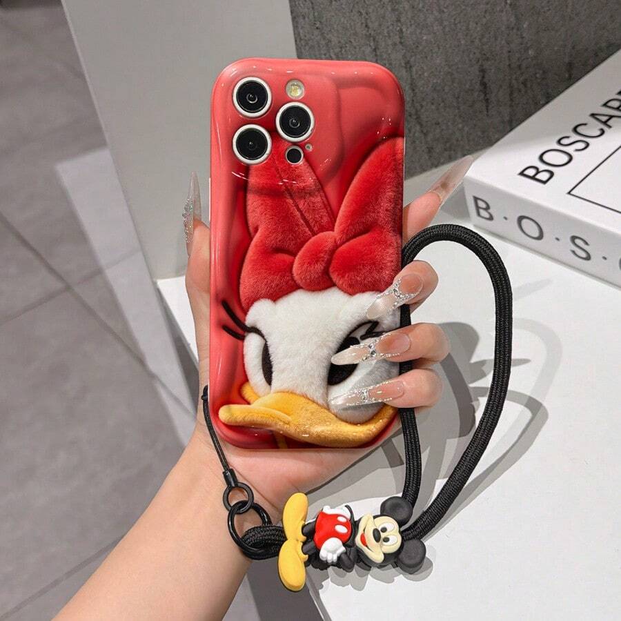 Disney Mickey Mouse Clubhouse Phone Case : 3D Fluffy Pattern Border Protector Phone Soft Phone Case With A Free Cute Mickey Bracelet Chain Lanyard, Mickey, Minnie, Goofy, Donald Duck, Daisy Duck, Pluto, For Apple 17 Promax 17 Pro 16 15 14 13 12 11 Pro Max XS Max X XR Soft Cover Summer Phone Case - White - View 1