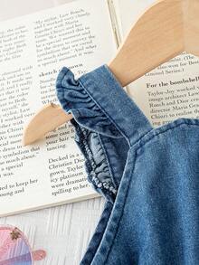 Bộ áo liền quần denim ống đứng màu xanh dương xếp bèo họa tiết trái tim dễ thương, thời trang cho bé gái mùa hè - Màu xanh lam - Xem 11