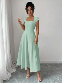 Vestido Midi Verde Oliva para Mujer , Cuello Cuadrado, Cintura Ajustada, Corte en A, Manga Corta, para Verano, Fiesta de Té, Trabajo, Playa, Vacaciones, Festival de Música, Cerveza - verde menta - Ver 7
