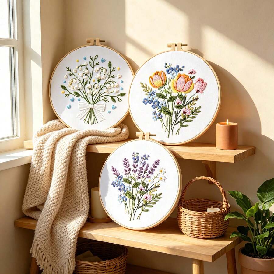 Ins Style Fresh Flower Bouquet 3D Embroidery Kit, DIY Lily Of The Valley, Tulip, Lavender Embroidery Decor Hanging Painting Starter Set