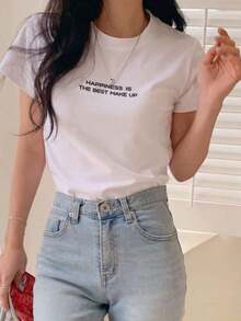 Camiseta de manga corta de verano con cuello redondo y estampado de  para mujer, con el eslogan "LA FELICIDAD ES EL MEJOR MAQUILLAJE". - Blanco - Ver 6