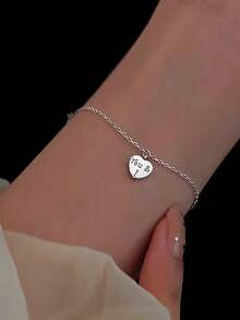 1pc S925 Sterling Silver Heart & Letter Charm Bracelet, Unique Punk Minimalist Design, Versatile Accessory For Girls - Love - View 12