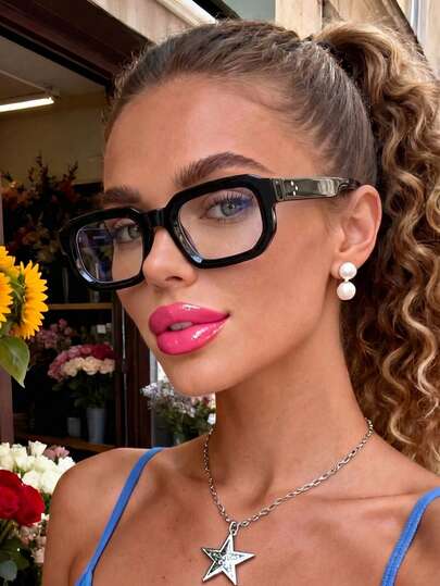 1pc Women's Rectangular Vintage Leopard Print Small Frame, Solid Color Streetwear Personality Rivet Casual Daily Versatile Decoration Black Flat Glasses, Comfortable To Wear For Reading, Gaming, Computer, Blocking Blue Light