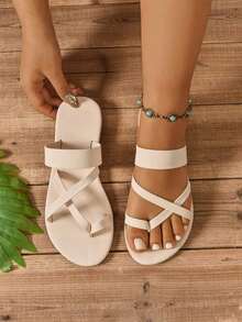 Women's Flat Toe Loop Bohemian Style Solid Color Slide Sandals, Skin-Friendly Summer Bestseller, Casual Simple Beach Shoes - Beige - View 1