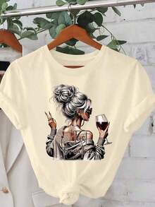 Camiseta de manga corta con estampado gráfico de moda para mujer, estilo casual minimalista de primavera/verano, con el eslogan motivacional positivo "Just Breathe". Camiseta de cuello redondo para mujer, divertida para amantes del vino, de corte relajado, adecuada para primavera, verano, otoño y uso casual al aire libre. Top de manga corta cómodo, suave y sencillo para uso diario. - Albaricoque - Ver 7