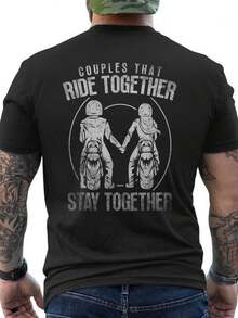 Motorcycle Couple's T-Shirt With A Back Print That Emphasizes Unity, Featuring A Crew Neck Design For Comfort And Breathability, And Short Sleeves. Loose And Comfortable For Summer. - Black - View 1