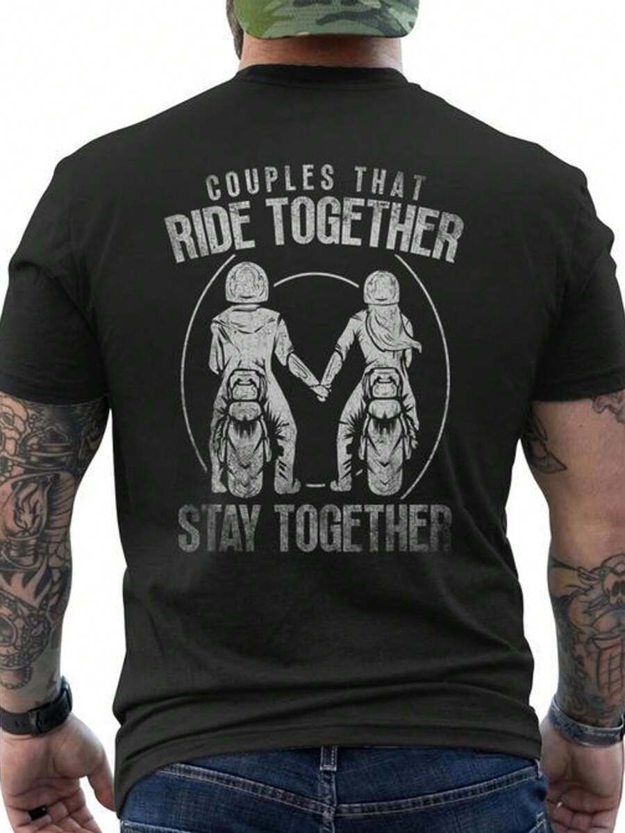 Motorcycle Couple's T-Shirt With A Back Print That Emphasizes Unity, Featuring A Crew Neck Design For Comfort And Breathability, And Short Sleeves. Loose And Comfortable For Summer. - Black - View 1