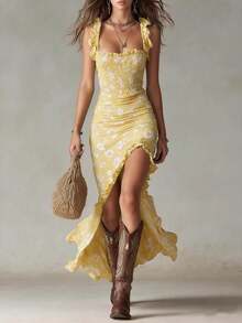 New Retro Dress With Straps, Sleeveless, And High Ruffle Detail - 玫紅色 - 查看 1