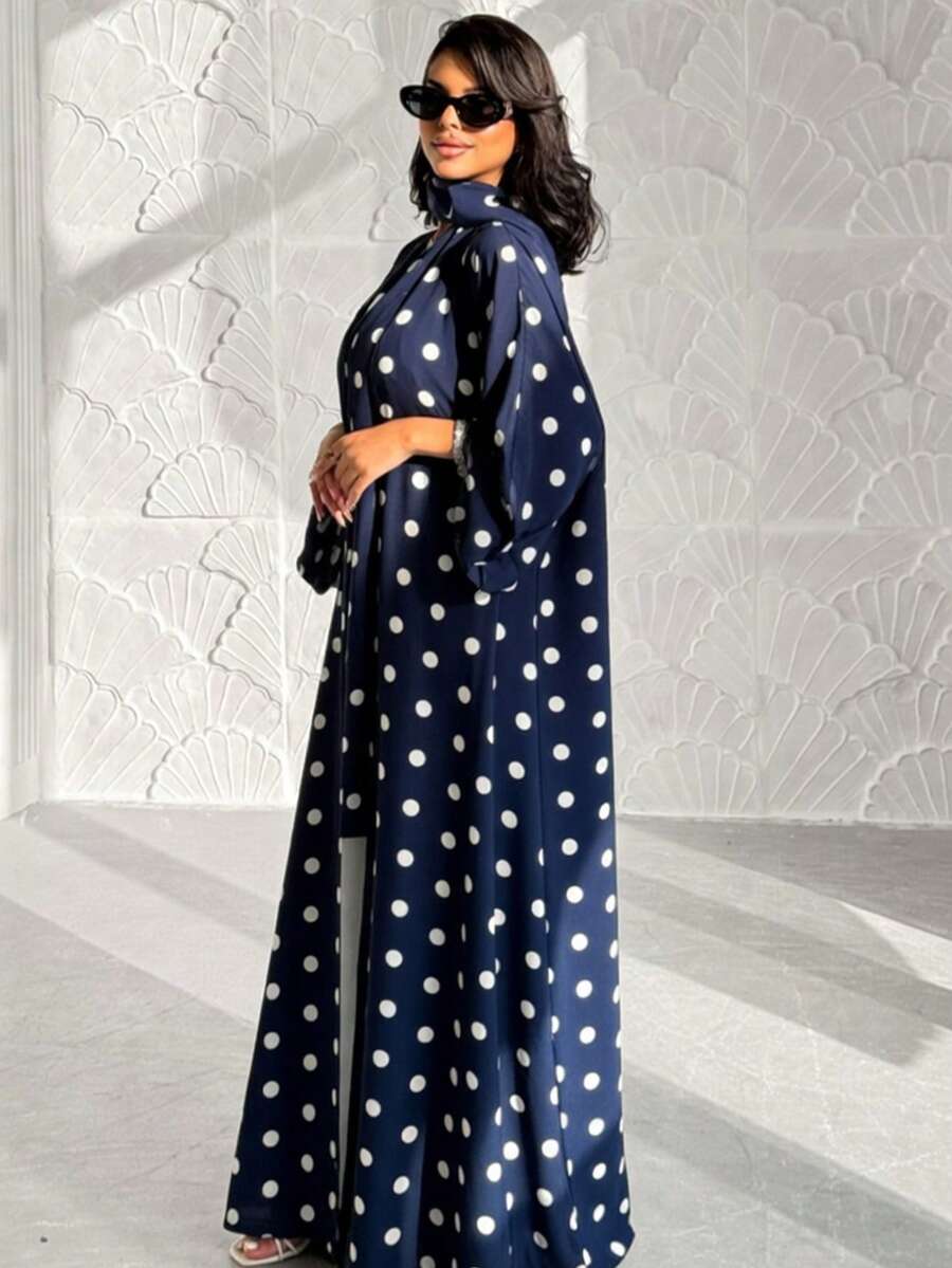 Bộ 2 món: Khăn trùm đầu + Áo choàng Abaya dáng rộng, áo khoác cardigan in họa tiết kín đáo, phù hợp cho phụ nữ Hồi giáo mặc hàng ngày. - Nhiều màu - Xem 1