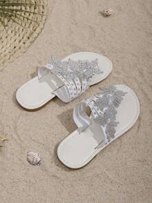 2026 New Kids Slippers, Diagonal Strap With Gradient Rhinestones, Fashionable Design Girls' Summer Flip Flops, Pearl & Rhinestone Butterfly, Versatile White, Suitable For Home, Vacation, Beach Walks, Matching Outfits - White - View 6
