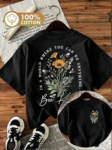[Entrega Local]Playera Para Mujer [Entrega Local]Playera Para Mujer [Impresión a Doble Cara en la Parte Delantera y Trasera]Camiseta de Algodón Puro de Manga Corta con Cuello Redondo, Estilo Fresco con Estampado de Flores y Abejas en un Mundo Donde Puedes Imprimir, Tops para Mujer, Ropa de Vacaciones para Mujer - Negro - Ver 1