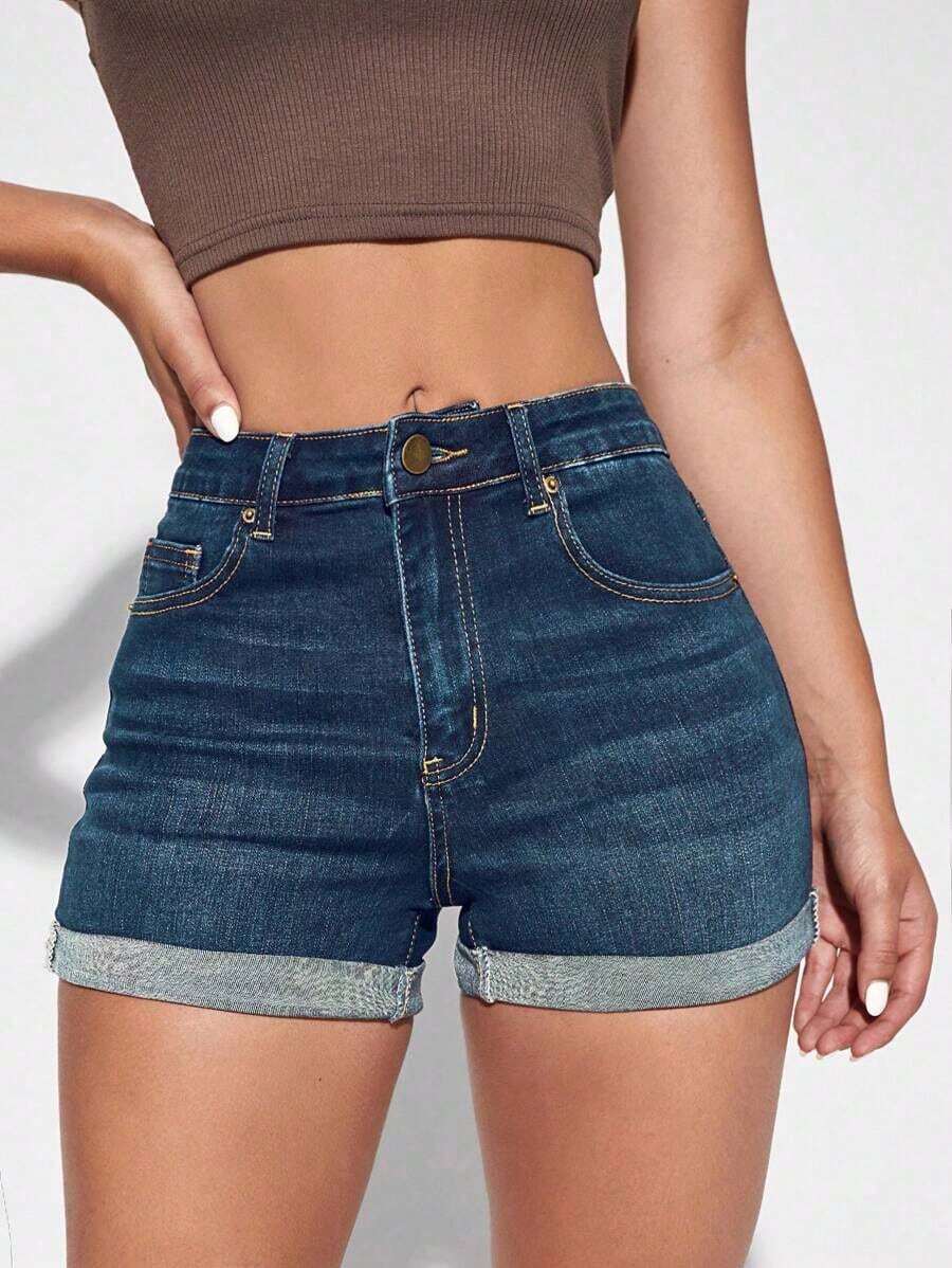 Denim Shorts With Zip-Up Hem And Folded-Down Front - Black and White - View 1