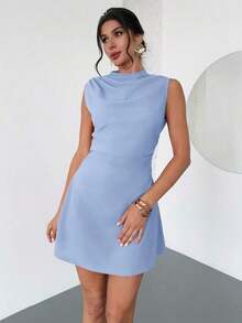 Vestido mini plisado de línea A con volantes, elegante, minimalista, delicado, romántico, para uso diario, viajes, boda, fiesta, festival de música, vacaciones, color rojo - Azul - Ver 3