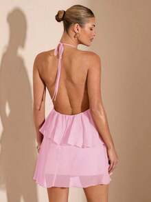 Vestido corto de gasa con hojas de loto en cascada de color rojo sólido, adecuado para citas diarias, salidas nocturnas, discotecas, fiestas, reuniones, fiestas de cóctel, fiestas de piscina, ropa de vuelta al colegio, vestidos de temporada esco - Rosa Pálido - Ver 2