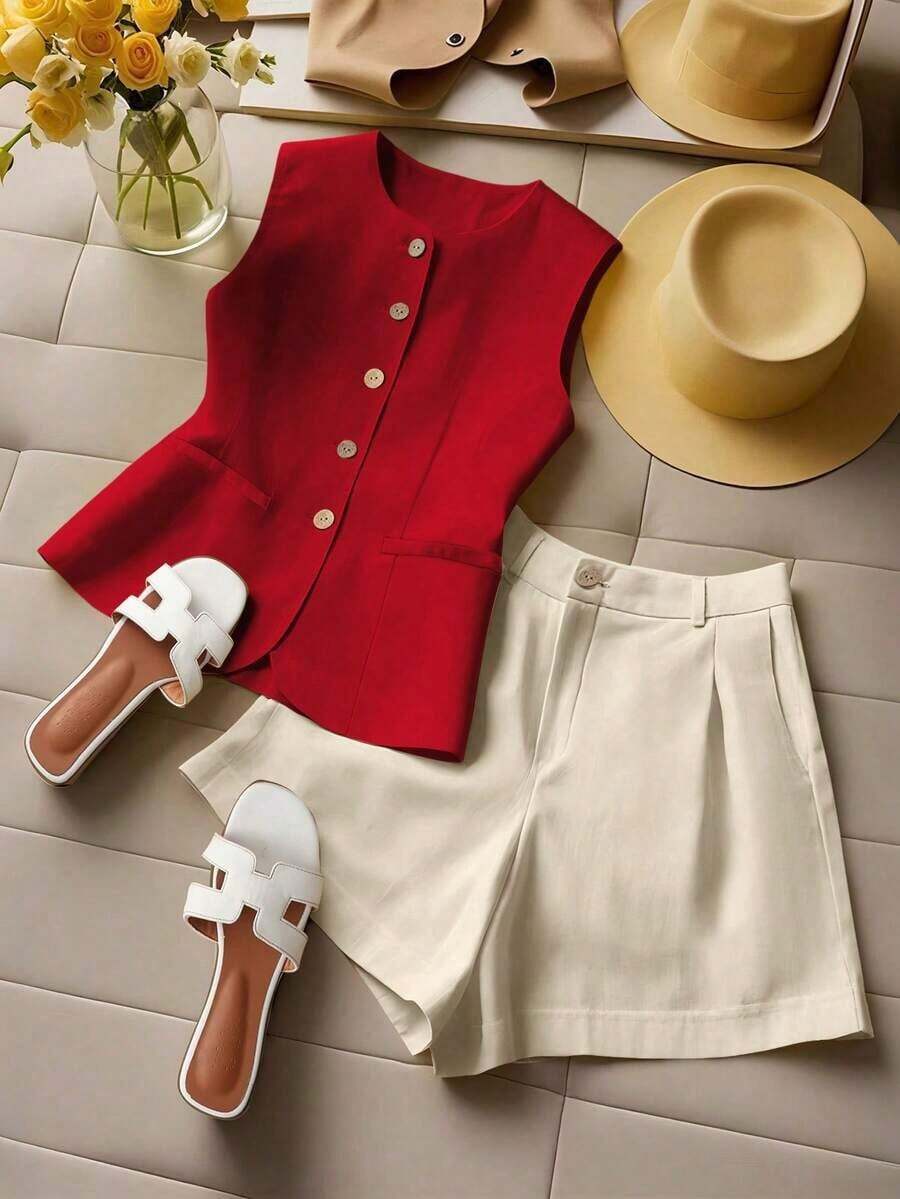 Conjunto de chaleco sin mangas y shorts para mujer, conjunto cómodo de vacaciones - Multicolor - Ver 1