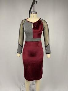 Nuevo Vestido Midi Mujer Cuello Redondo Malla Combinada Manga Larga Ajustado Elegante - Azul - Ver 10