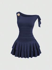 xheSweetra Vestido elegante sin mangas con decoración de flores metálicas, rosaxhe - Azul marino 2 - Ver 7