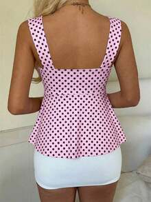 Nueva Colección Primavera/Verano 2026 para Mujer: Blusa/Top sin Mangas con Volantes y Cordón Ajustable, Estampado de Lunares Amarillo Buttercup y Marrón, Estilo Casual y Versátil, Top de Verano - Rosa - Ver 2