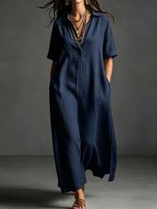 Women's Casual Blue Linen Drop Shoulder Shirt Dress, Short Sleeve Long Slit Hem Midi Dress, Comfortable Oversized Bohemian Style - 藏青色 - 查看 12