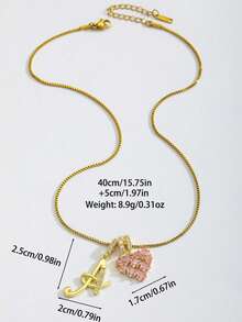 1 pieza Lindo y dulce collar con colgante de inicial A-Z enchapado en oro de 18K, colgante con forma de corazón de cristal rosa, adecuado para uso diario de mujeres, gran regalo para cumpleaños, fiestas y aniversarios - Dorado - Ver 4