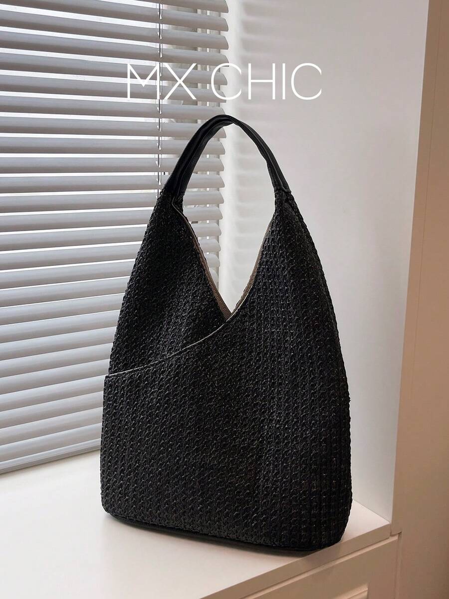 1pc Women's Solid Color Straw Shoulder Bag, Large Capacity, Fashion, Suitable For Commuting, Shopping, Vacation - Black - View 1