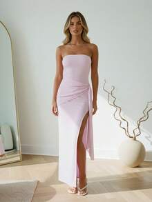 Women's Summer Strapless Dress High Split Side Drape Stylish Solid Color Backless Tube Long Dress - 粉色 - 查看 5