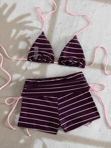 Conjunto de 2 piezas para mujer 2026, nuevo conjunto de top halter sin espalda con estampado aleatorio de rayas y shorts con lazo lateral para primavera/verano, elegante y sexy conjunto de bikini de moda para playa y resort - Multicolor - Ver 2