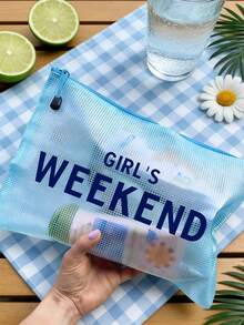 多色防水时尚网布沙滩包，印有“Glrl's Weekend”字样的彩色化妆包，沙滩主题。大容量透明化妆包，带尼龙拉链的洗漱包 - 轻便，可收纳防晒霜、零食、比基尼和沙滩必备品。春夏收纳，非常适合游泳和沙滩活动。 - 彩色 - 查看 8