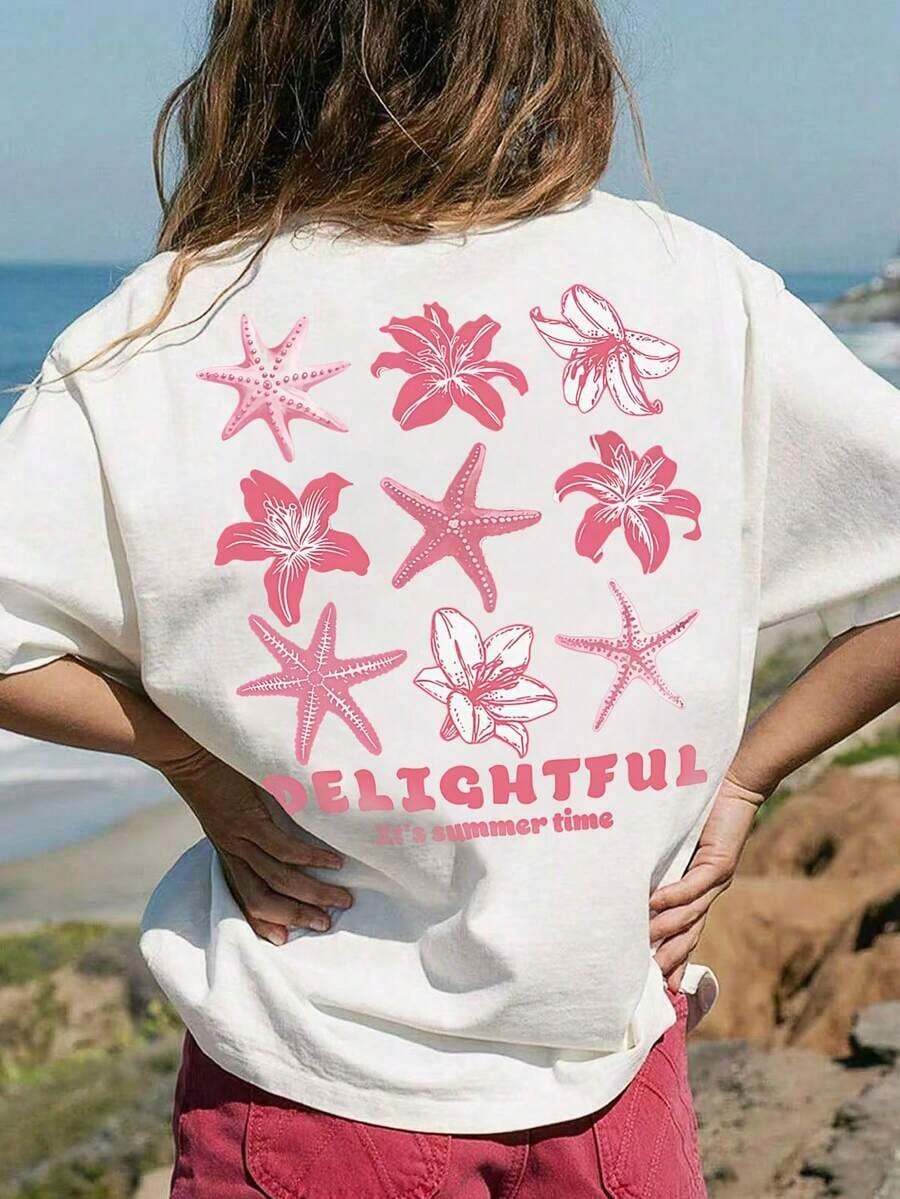 Women's Casual Short Sleeve Crew Neck T-Shirt - Printed Print, Soft And Comfortable Fabric, Machine Washable, White Summer Tops - 白色的 - 查看 1