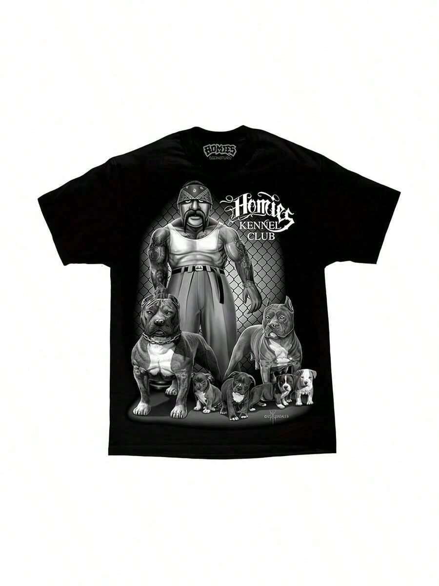 Homie Kennel Club Graphic T-Shirt - Chicano Pit Bull Art, Comfortable Crew Neck Tee, Black Retro Style With "HOMIE" Print, Short Sleeve Casual Shirt For Adult, Casual Wear Tee| Pit Bull Themed Apparel| Glossy Fabric Tee - màu đen - Xem 1