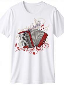 Men's T-Shirt With Accordion Musician Print | Black T-Shirt With Italian Accordion And Musical Note Design, Soft, Breathable, Machine Washable, For Musicians, Concerts, Festivals - Eye-Catching Print, Durable Material, Short Sleeve, Casual Wear, Loose And Comfortable For Summer. - White - View 12