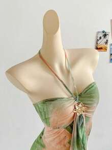 2026 Women's Romantic Gradient Mesh Knit Holiday Dress With Halter Neck, Bow And Decorative Metal Buckle, Mermaid Cut, Suitable For Parties, Dates, Afternoon Tea, Sexy And Elegant - 紅色 - 查看 6