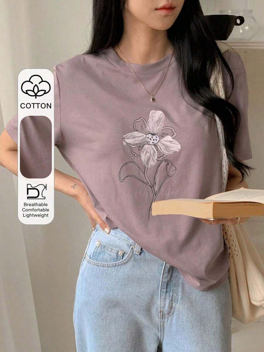 Camiseta holgada y casual con estampado, adecuada para vacaciones en la playa con diseño floral - Morado - Ver 1