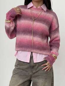 Women's Casual Vacation & Commute Ombre Striped Pattern Dropped Shoulder Loose Knit Sweater, Autumn/Winter Pink Fall - Pink - View 2