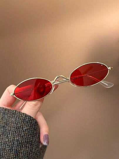 1pc Retro Oval High-Quality Golden Metal Small Frame Red Lens Children's Fashion Glasses, Suitable For Boys And Girls, For Holiday Parties, Outdoor Travel, Beach Vacation, Photography Props, And Daily Wear