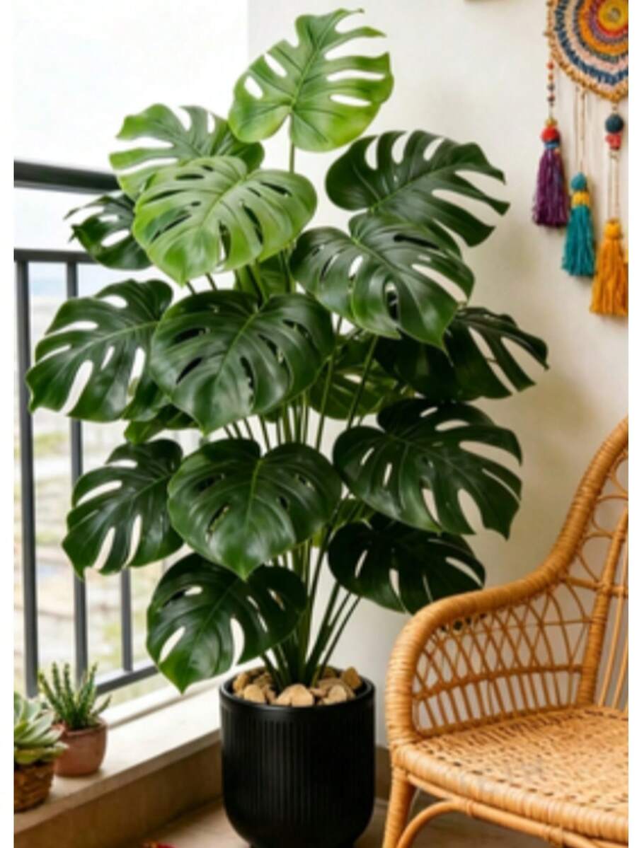 2pcs Large Artificial Palm Plants, 35 Inch Large Artificial Banana Tree, Monstera And Fan Palm Tropical Plants Decoration, Includes 24 Leaves, Evergreen, Suitable For All Seasons Artificial Potted Plants, Artificial Plants Without Pot - Multicolor - View 1
