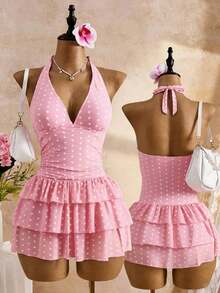 Bellisia Traje de baño con falda para mujer con estampado de puntos blancos sobre fondo negro, diseño de escote profundo en V con cuello de halter y espalda descubierta, con volantes de 3 niveles en el bajo, de gasa para playa, vacaciones o en la piscina - Rosa - Ver 1