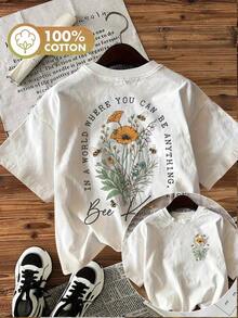 [Impresión a doble cara en la parte delantera y trasera] Camiseta de algodón de manga corta y cuello redondo con diseño de flores y abejas de estilo fresco, tops para mujer, conjuntos de vacaciones para mujer.|Moda Urbana Local de Primavera/Verano||Uso Casual Diario Primavera Verano Moderno Moldeador|Conjunto de verano para mujer, ropa para vacaciones|Blusas elegantes para mujer, ropa de primavera, blusas de verano. - Blanco - Ver 7
