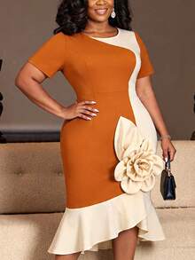 Plus Size Women Brown Color Block Midi Mermaid Dress With 3D Rose High Low Ruffle Hem Round Neck Short Sleeves Elegant Wedding Guest Summer Evening - Brown - View 5
