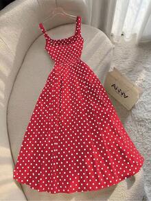 Vestido largo de tirantes finos con estampado de lunares en estilo vintage francés para playa y vacaciones - Rojo - Ver 2