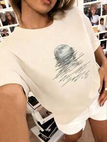 Camiseta de mujer de manga corta, cuello redondo, de corte holgado con estampado de eslogan, nueva para el verano. Prenda de vestir casual y de moda, adecuada para uso diario y vacaciones. Camiseta de mujer. Negro - Albaricoque - Ver 7