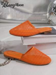 Sandalias deslizantes elegantes de malla LangMoon 2026, diseño de malla con lunares aterciopelados, suela plana suave y flexible, antideslizante y duradera, cómoda de llevar durante mucho tiempo, versátil y vintage para ir al trabajo, de compras y de vacaciones, zapatos elegantes y encantadores para primavera y verano - Naranja Quemada - Ver 6