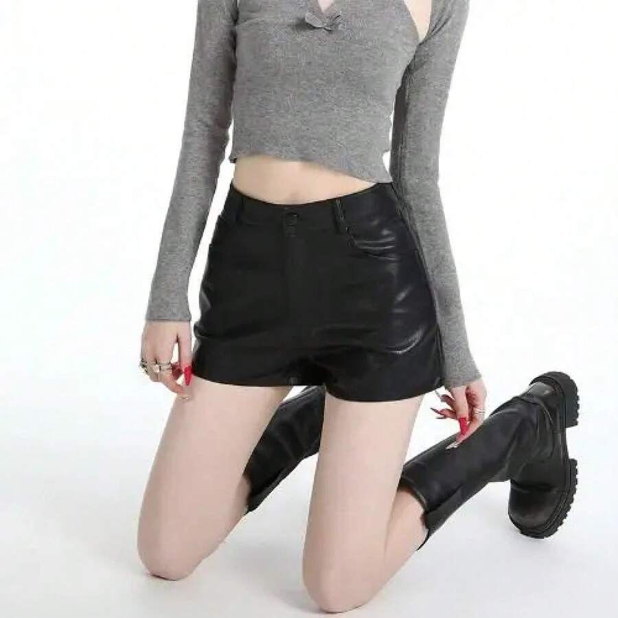 Pantalones Cortos de Cuero PU Marrón para Mujer, Corte Recto, Sexy, Novedad Invierno 2025, Estilo Puro Deseo, Ajustados, Tipo... - Negro [modelo mejorado] - Ver 1