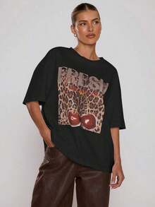 Camisetas de Mujer con Estampado de Leopardo Fresco y Gráfico de Cerezas, Top Oversize, Camiseta Gráfica Fresca para el Día a Día, Vacaciones, Aeropuerto, Festivales, Regreso a Clases, Camiseta Gráfica Elegante para Primavera y Verano. - Negro - Ver 7
