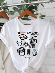 Casual Short-Sleeved T-Shirt With A Special Coffee Pattern, Perfect For Spring And Summer, Designed For Women. - White - View 6