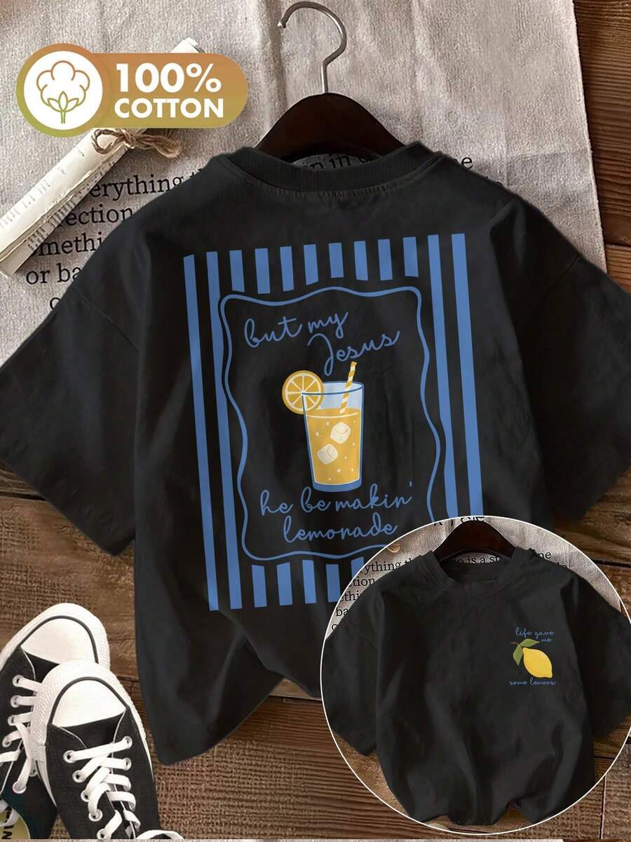 Women's Summer Casual Top With Two-Sided Print, Fresh Style, Lemon Stripe, "But My Jesus He Be" Print, Short Sleeve Round Neck T-Shirt, Ling Ksommer - Black - View 1
