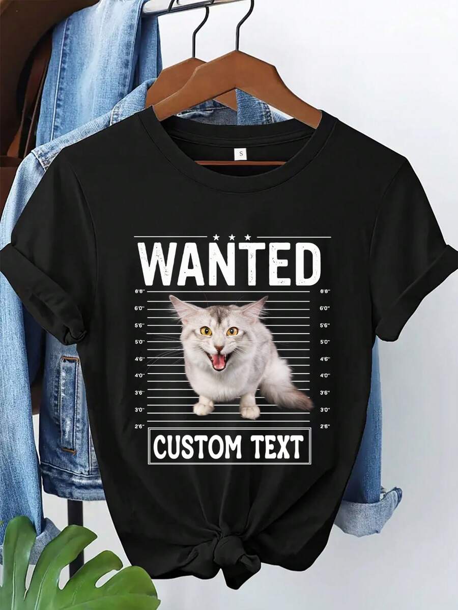 Personalized T-Shirt With Funny Pet Photo, Custom Text And Photo T-Shirt, Personalized Cat Photo T-Shirt, Family Photo T-Shirt, Personalized Gift T-Shirt, Dog Photo T-Shirt, Gifts For Family And Friends, Funny Holiday Gifts - 黑色 - 查看 1